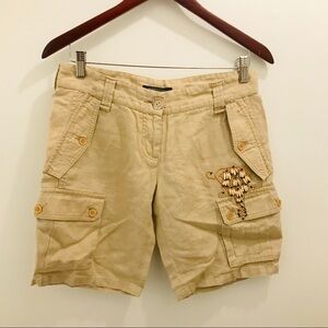 BCBGMaxAzria Beaded Linen Cargo Shorts 2 tan